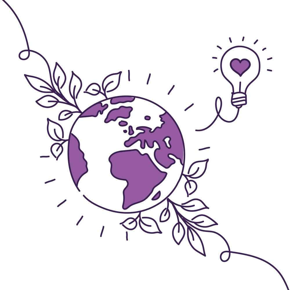 Illustration drawing of the earth with leaves sprouting out of it and a lightbulb