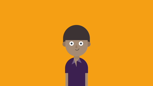 Smiling dark-haired cartoon boy wearing purple shirt in front of orange background