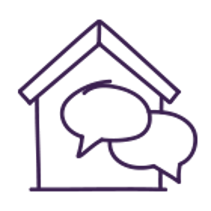 Two overlapping speech bubbles with a simple house in the background