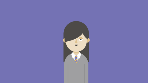 Long dark-haired cartoon girl in grey school uniform in front of purple background