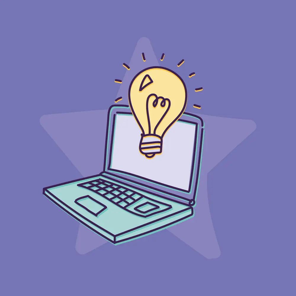 Graphic design drawing on a laptop with a lightbulb in front of it on a purple background