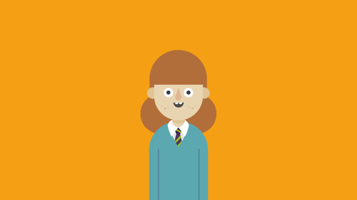 Ginger-haired cartoon girl in blue school uniform in front of orange background