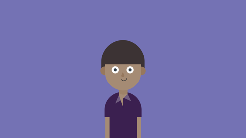 Smiling dark-haired cartoon boy wearing purple shirt in front of purple background