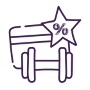 Gym weight icon with bank card and discount sign