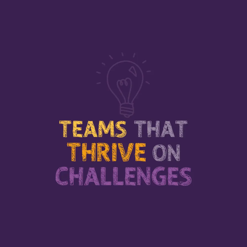 Teams That Thrive On Challenges logo on a deep purple background with a lightbulb icon