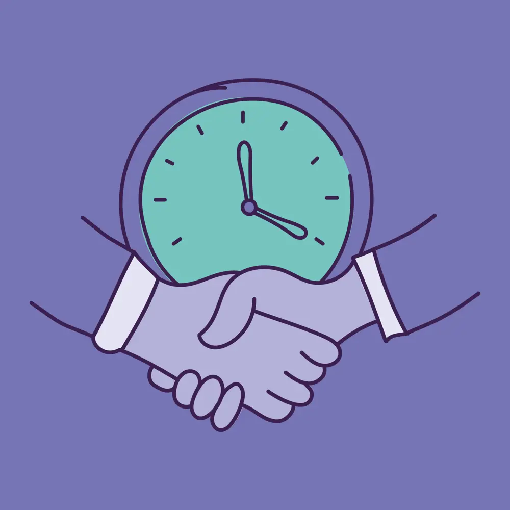 Handshake graphic in purple in front of a graphic clocked in blue