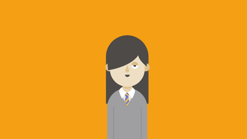 Long dark-haired cartoon girl in grey school uniform in front of orange background