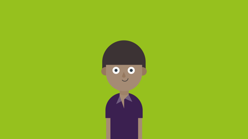 Smiling dark-haired cartoon boy wearing purple shirt in front of green background