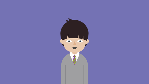 Smiling black-haired cartoon boy wearing grey school uniform in front of purple background