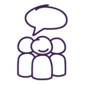 Three stick figures with an empty speech bubble over the top