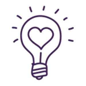 Lightbulb with a heart inside icon in purple
