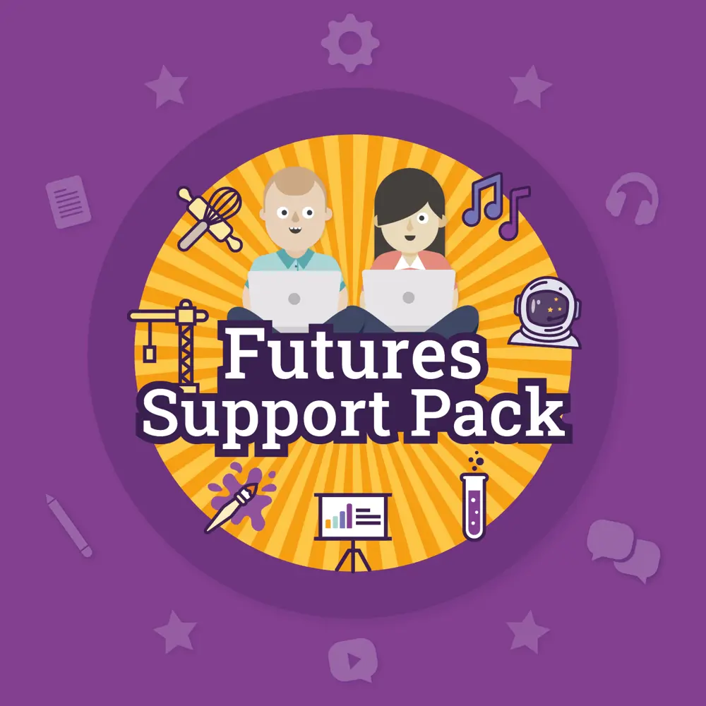 Futures Support Pack logo, a boy and a girl character with different career icons around them