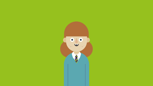Ginger-haired cartoon girl in blue school uniform in front of green background