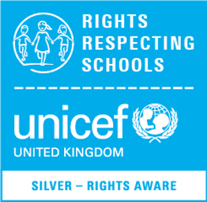 Unicef Rights Respecting School Silver Award in blue on a white background