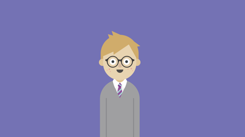 Blonde-haired cartoon boy with glasses in grey school uniform in front of purple background