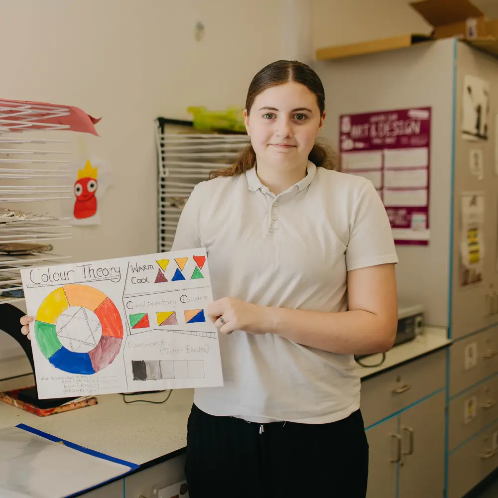 A young girl at Hartwell School holding up a piece of artwork