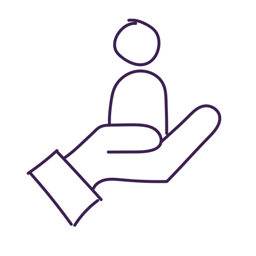 Supportive doodle of a hand with the outline of a person in the palm of it