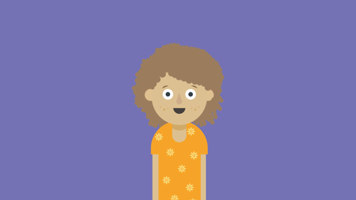 Young girl graphic design character in an orange top and brown hair on a purple background