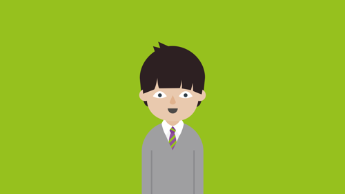 Smiling black-haired cartoon boy wearing grey school uniform in front of green background
