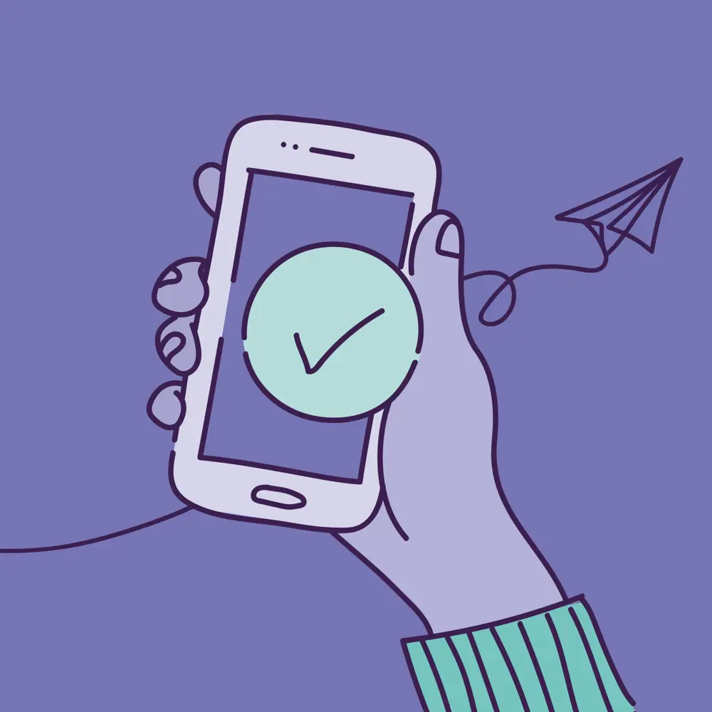 Graphic of a hand holding a mobile phone with a tick icon in the centre on a purple background